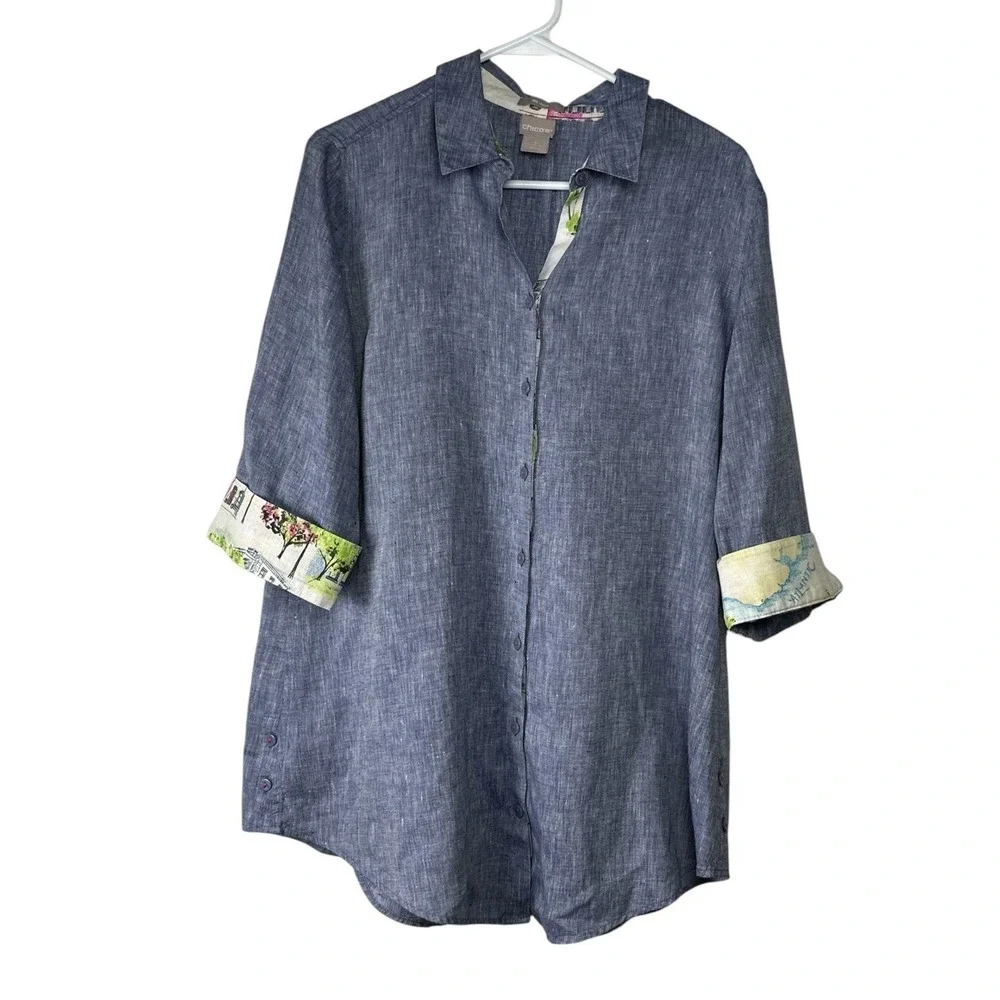 Chicos Blue Linen No Iron Button Down Shirt 3/4 Sleeve Size 2 12/14 - Picture 1 of 6